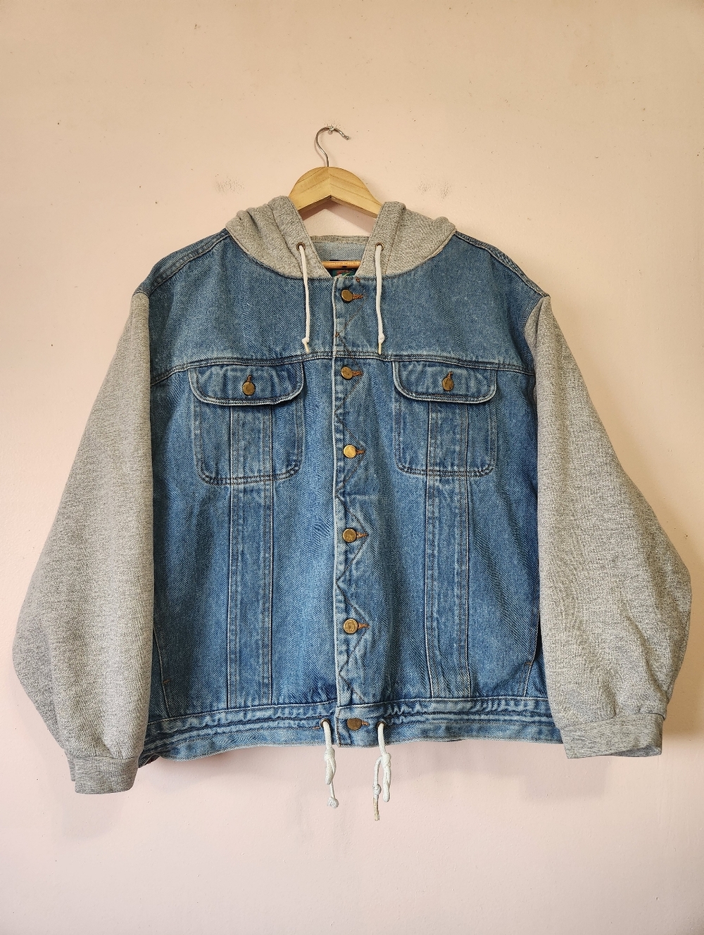 Rare Vintage 90s Fine Line Denim Trucker Jacket Fleece Hoodie and Sleeves Sz XL